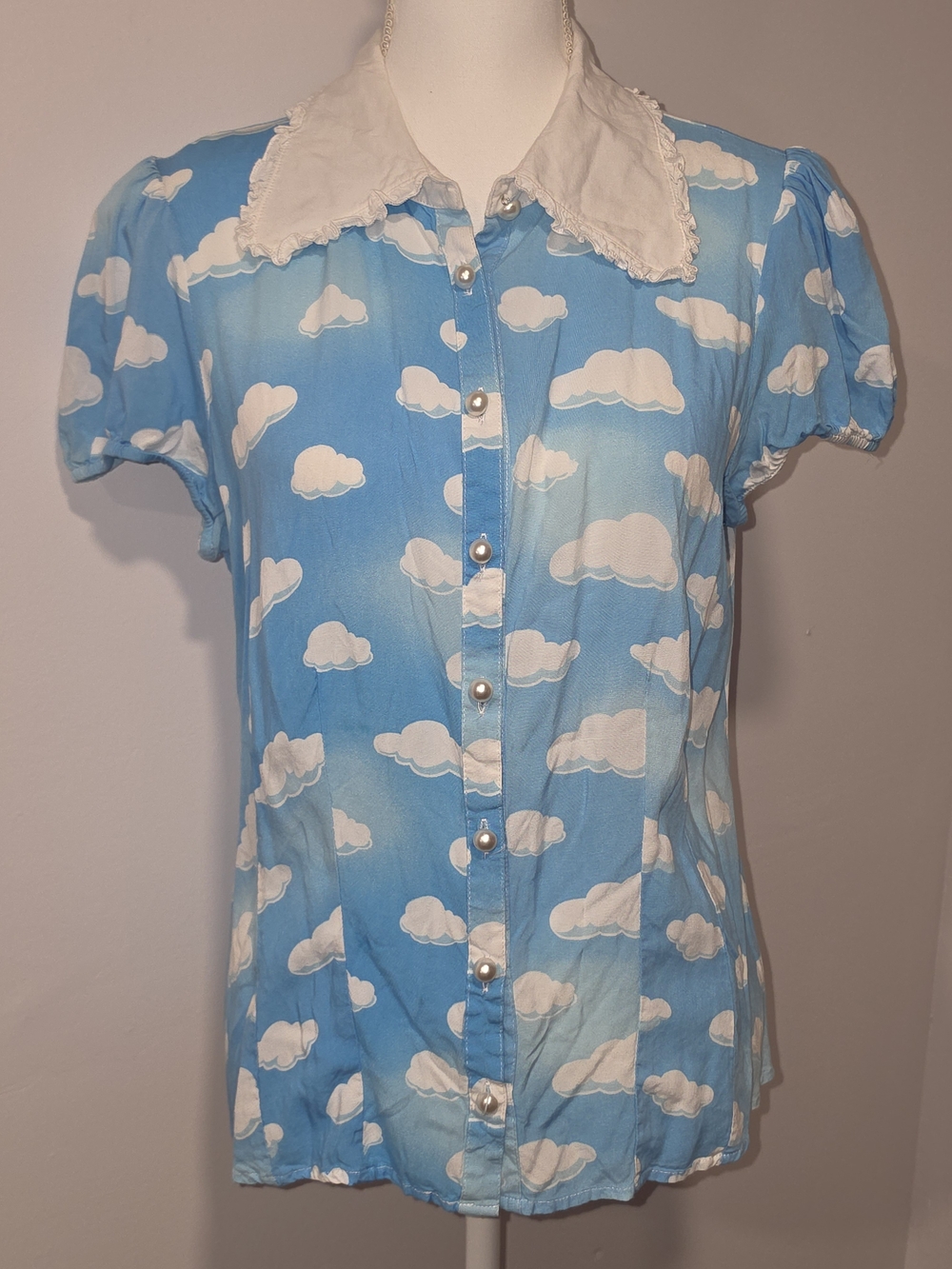 Hell Bunny Cloud Print Button-Up Blouse with Scallop Collar Womens Size Large